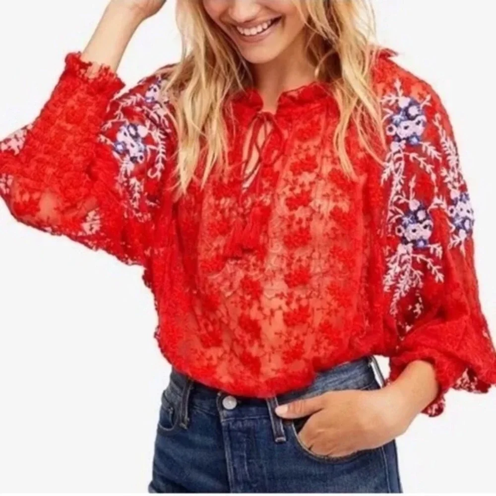 Free People size Large Women's Red Jubilee Floral Embroidered Sheer Lace Top